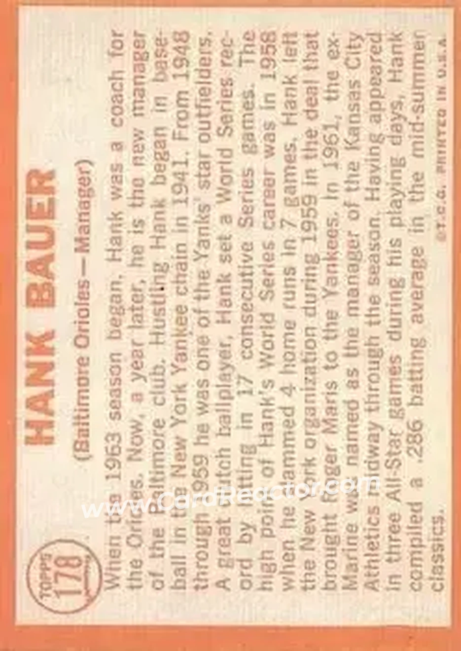 1964 Topps #178 - Hank Bauer - Baltimore Orioles - Back