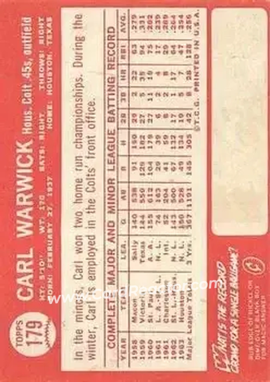 1964 Topps #179 - Carl Warwick - Houston Colt .45s - Back 1964 Topps #179 - Carl Warwick - Houston Colt .45s - Back