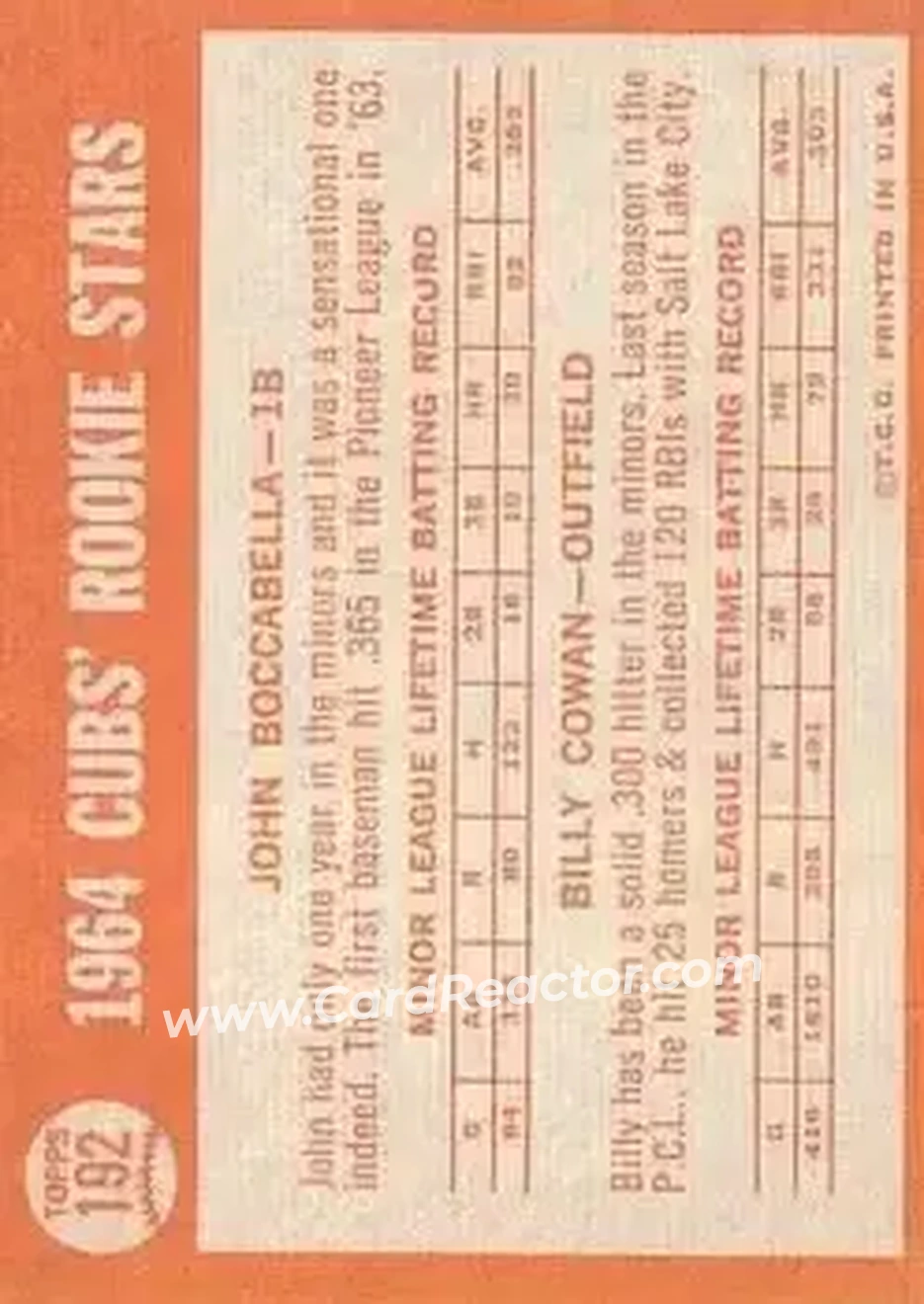 1964 Topps #192 - Billy Cowan) - Chicago Cubs - Back 1964 Topps #192 - Billy Cowan) - Chicago Cubs - Back