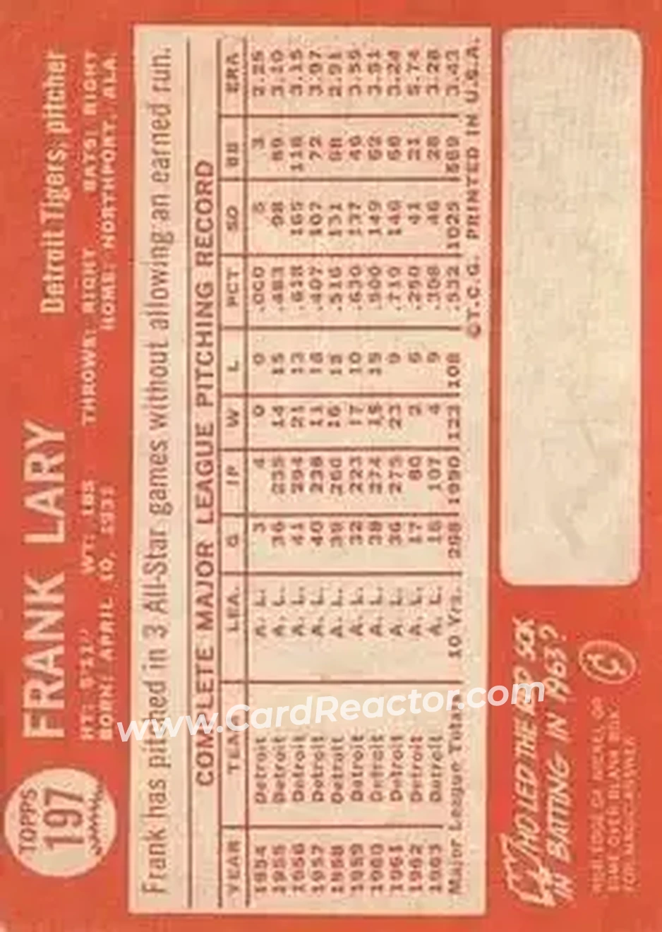 1964 Topps #197 - Frank Lary - Detroit Tigers - Back