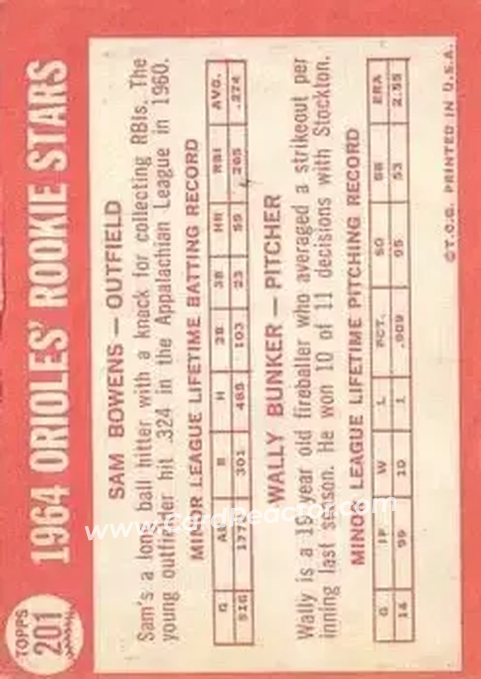 1964 Topps #201 - Wally Bunker) - Baltimore Orioles - Back