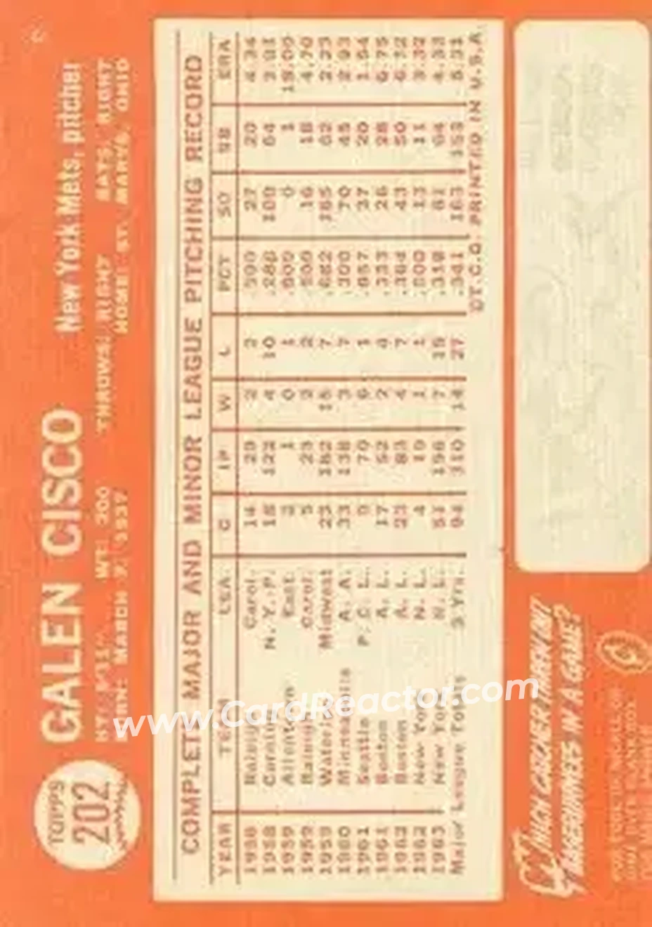 1964 Topps #202 - Galen Cisco - New York Mets - Back 1964 Topps #202 - Galen Cisco - New York Mets - Back
