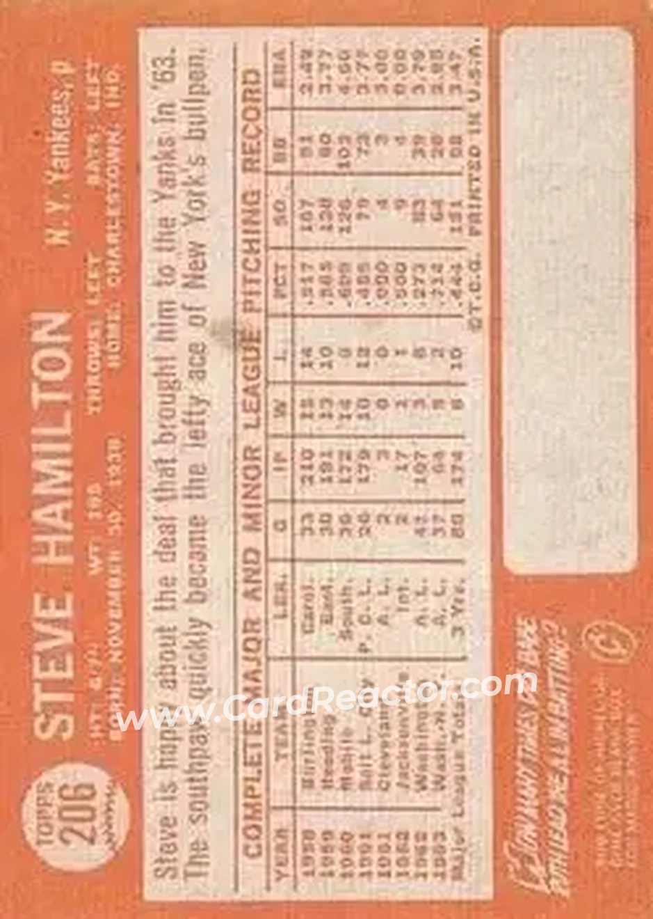1964 Topps #206 - Steve Hamilton - New York Yankees - Back 1964 Topps #206 - Steve Hamilton - New York Yankees - Back