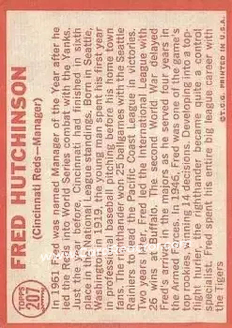 1964 Topps #207 - Fred Hutchinson - Cincinnati Reds - Back 1964 Topps #207 - Fred Hutchinson - Cincinnati Reds - Back