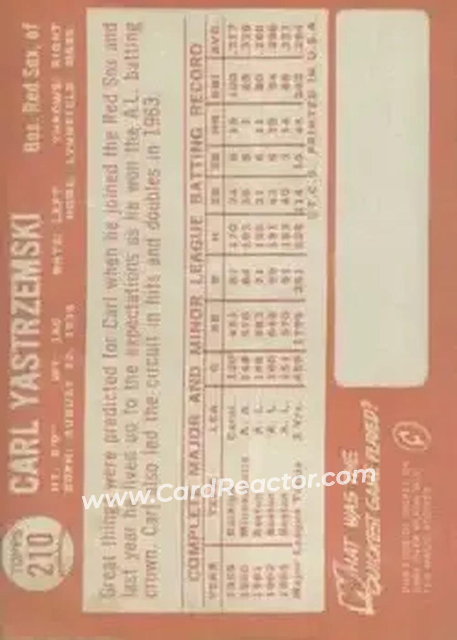1964 Topps #210 - Carl Yastrzemski - Boston Red Sox - Back