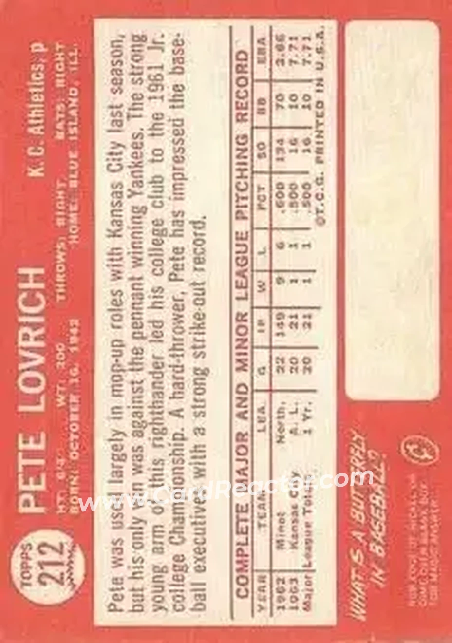 1964 Topps #212 - Pete Lovrich - Kansas City Athletics - Back