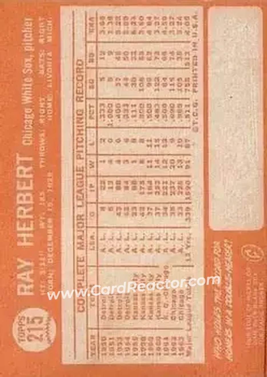 1964 Topps #215 - Ray Herbert - Chicago White Sox - Back