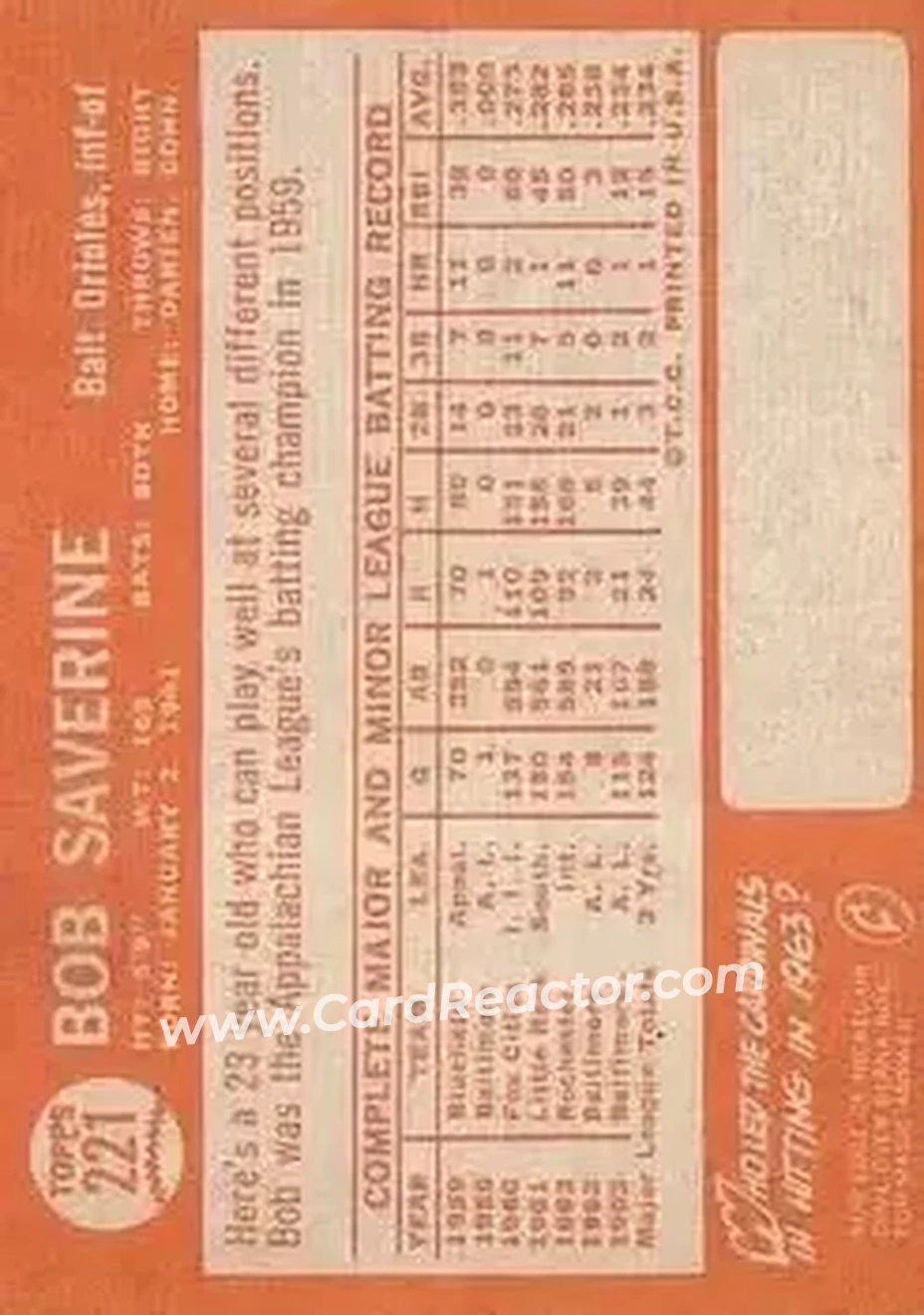 1964 Topps #221 - Bob Saverine - Baltimore Orioles - Back