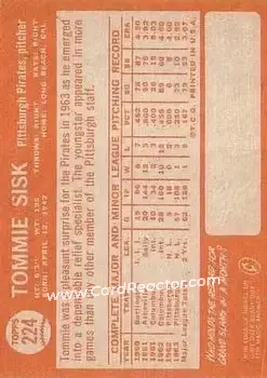 1964 Topps #224 - Tommie Sisk - Pittsburgh Pirates - Back