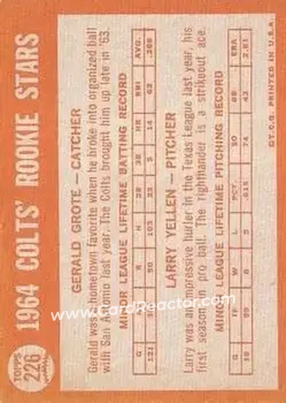 1964 Topps #226 - Larry Yellen) - Houston Colt .45s - Back