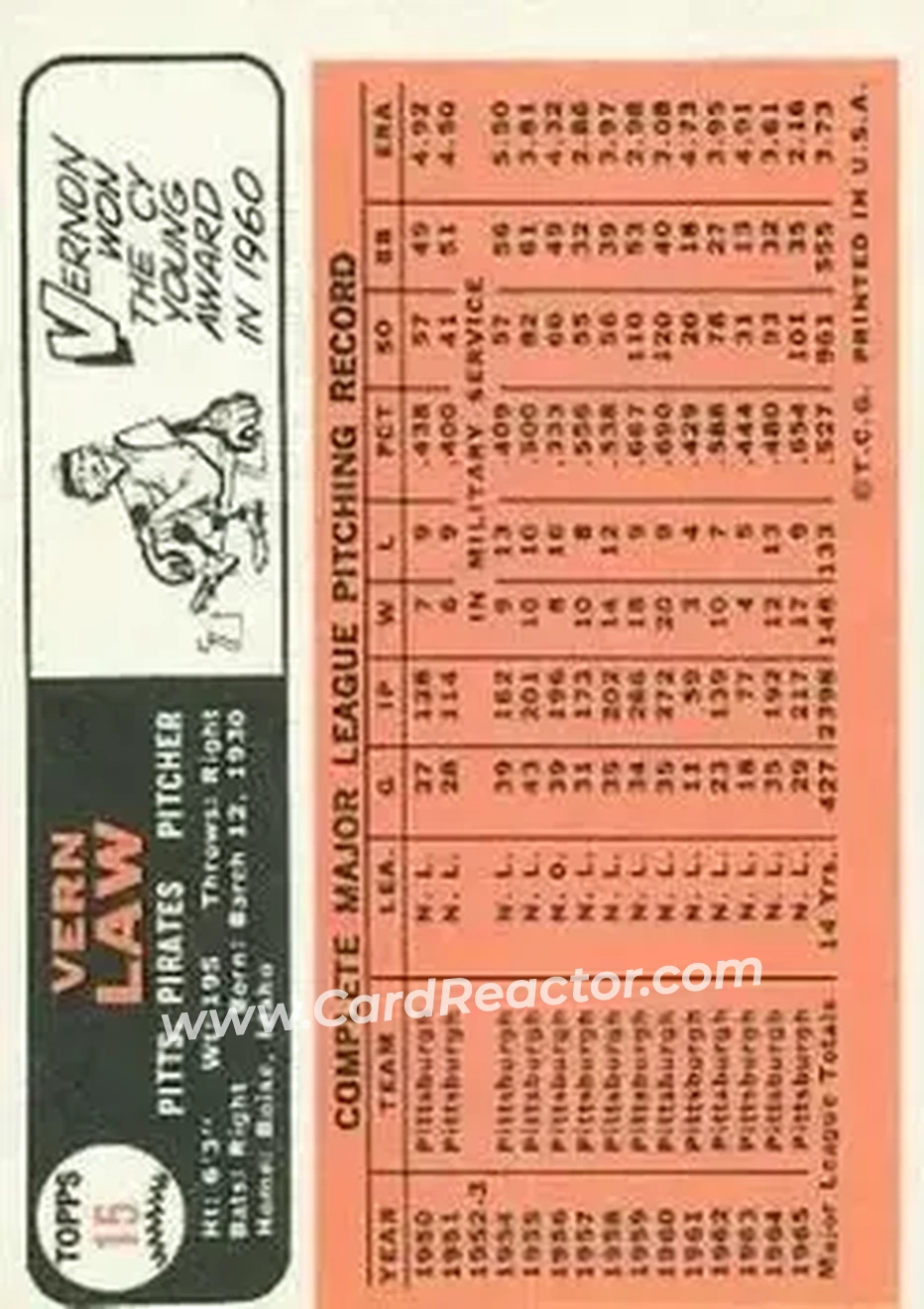 1966 Topps #15 - Vern Law - Pittsburgh Pirates - Back 1966 Topps #15 - Vern Law - Pittsburgh Pirates - Back