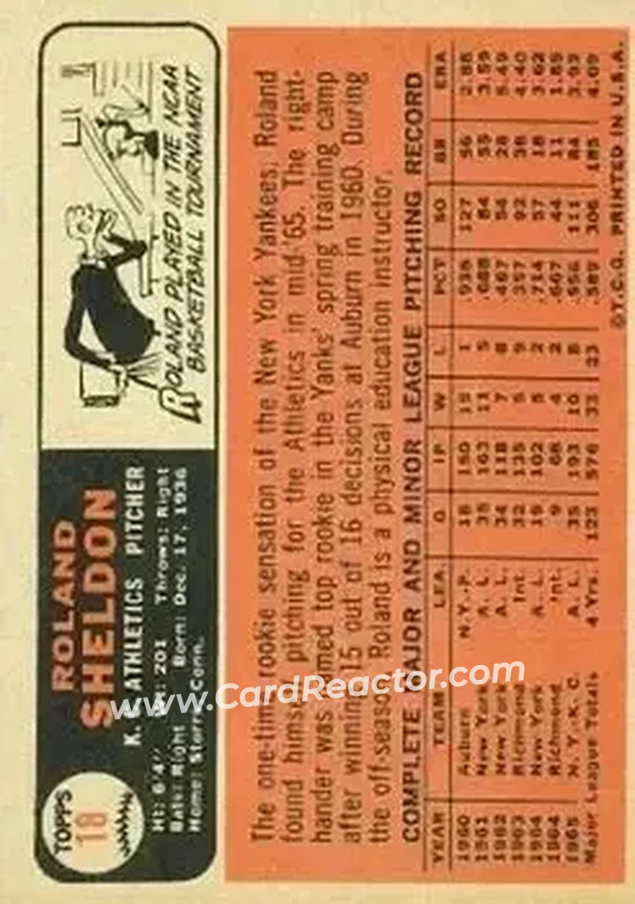 1966 Topps #18 - Roland Sheldon - Kansas City Athletics - Back
