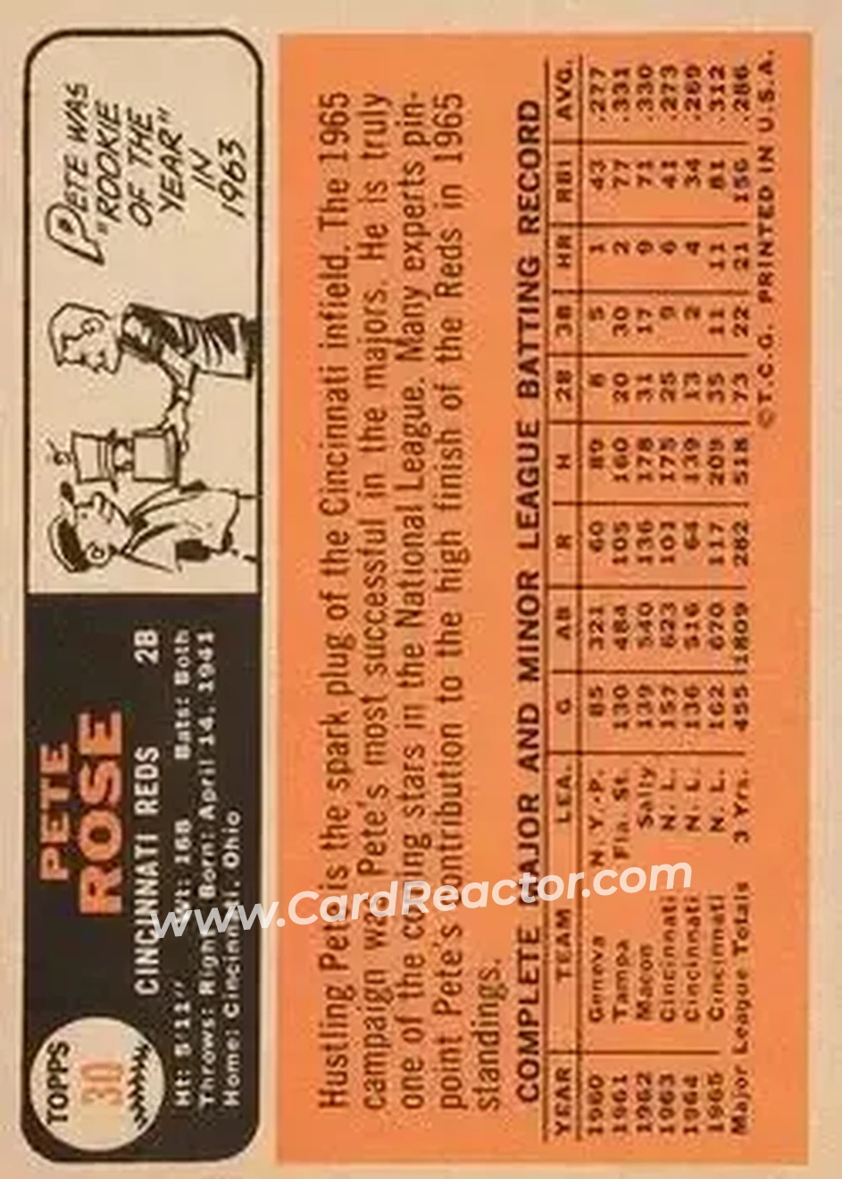 1966 Topps #30 - Pete Rose - Cincinnati Reds - Back