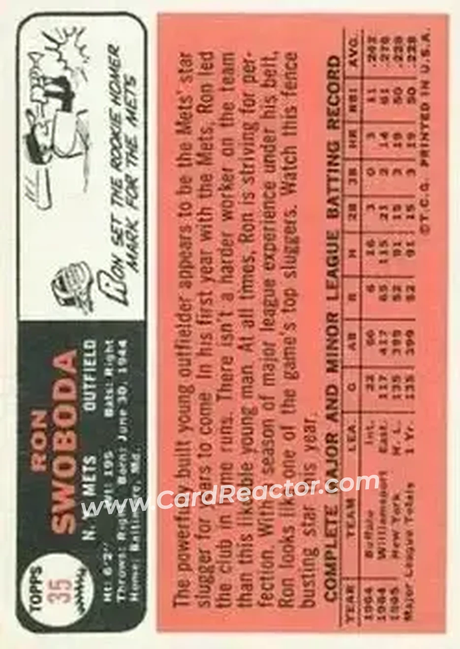 1966 Topps #35 - Ron Swoboda - New York Mets - Back 1966 Topps #35 - Ron Swoboda - New York Mets - Back