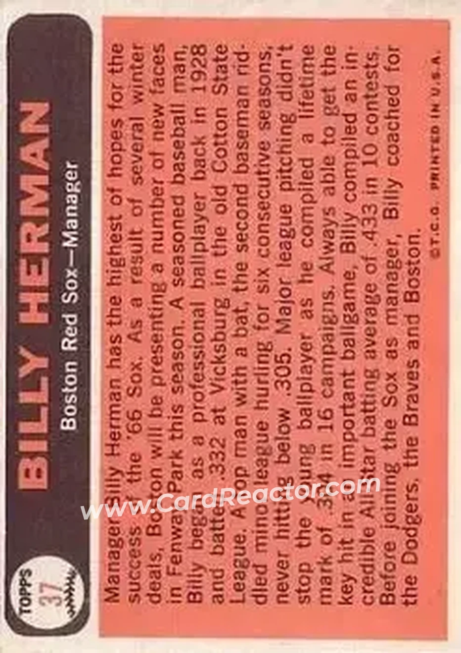 1966 Topps #37 - Billy Herman - Boston Red Sox - Back