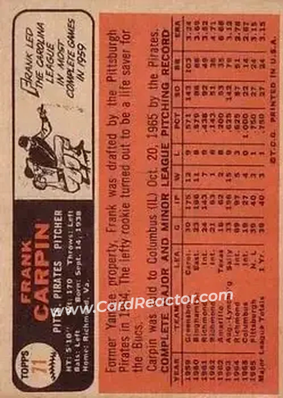 1966 Topps #71 - Frank Carpin - Pittsburgh Pirates - Back