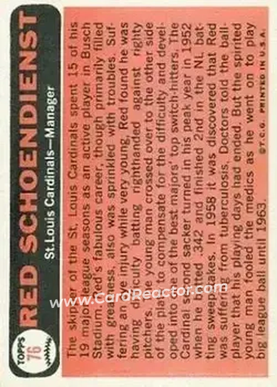 1966 Topps #76 - Al Schoendienst - St. Louis Cardinals - Back