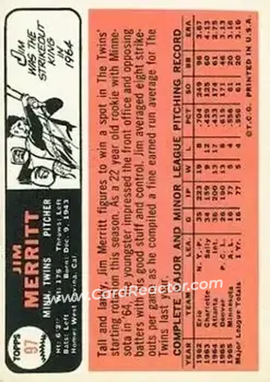 1966 Topps #97 - Jim Merritt - Minnesota Twins - Back 1966 Topps #97 - Jim Merritt - Minnesota Twins - Back