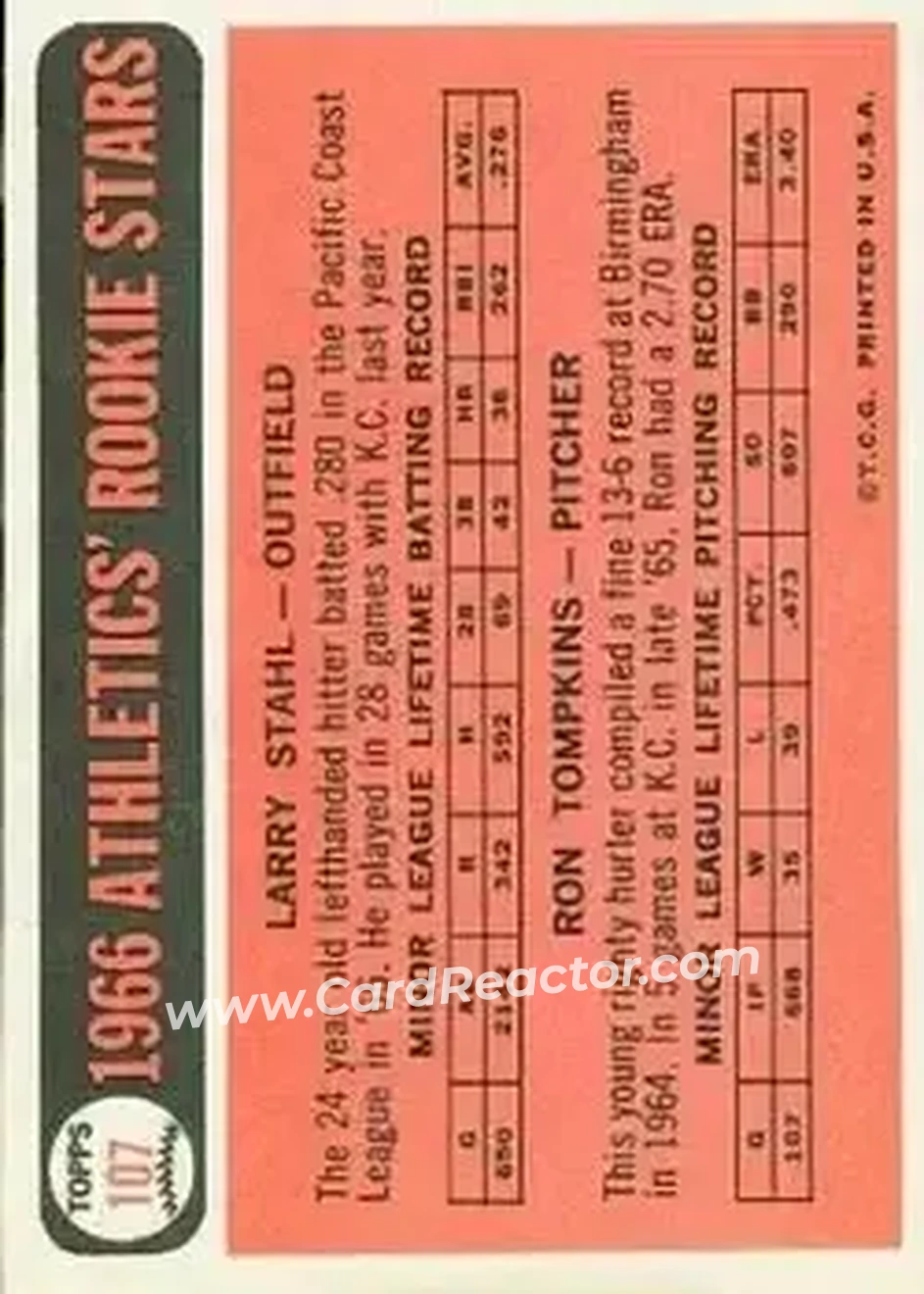 1966 Topps #107 - Card #107 - Kansas City Athletics - Back 1966 Topps #107 - Card #107 - Kansas City Athletics - Back