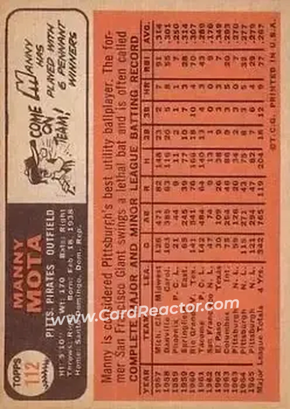 1966 Topps #112 - Manny Mota - Pittsburgh Pirates - Back
