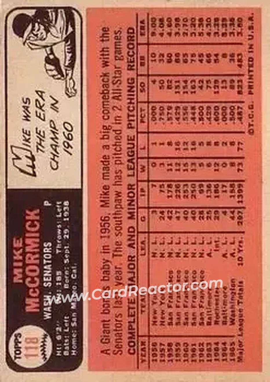 1966 Topps #118 - Mike McCormick - Washington Senators - Back 1966 Topps #118 - Mike McCormick - Washington Senators - Back