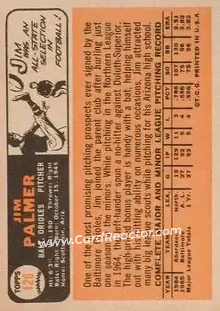 1966 Topps #126 - Jim Palmer - Baltimore Orioles - Back 1966 Topps #126 - Jim Palmer - Baltimore Orioles - Back