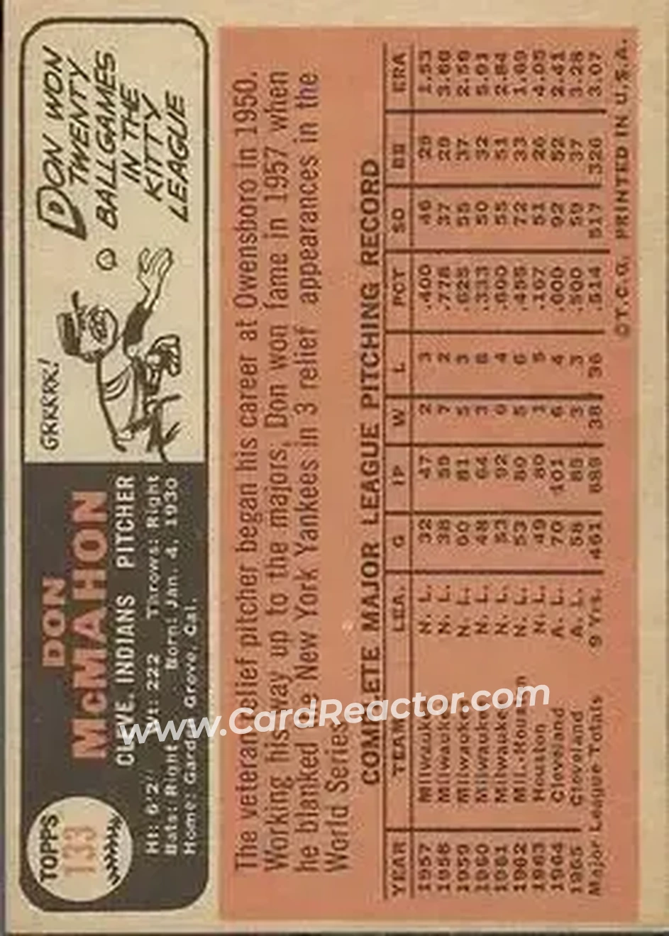 1966 Topps #133 - Don McMahon - Cleveland Indians - Back