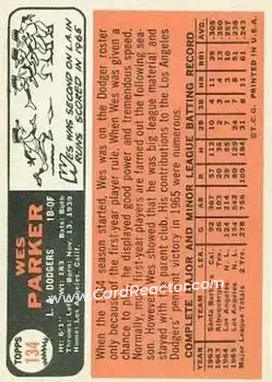 1966 Topps #134 - Wes Parker - Los Angeles Dodgers - Back 1966 Topps #134 - Wes Parker - Los Angeles Dodgers - Back