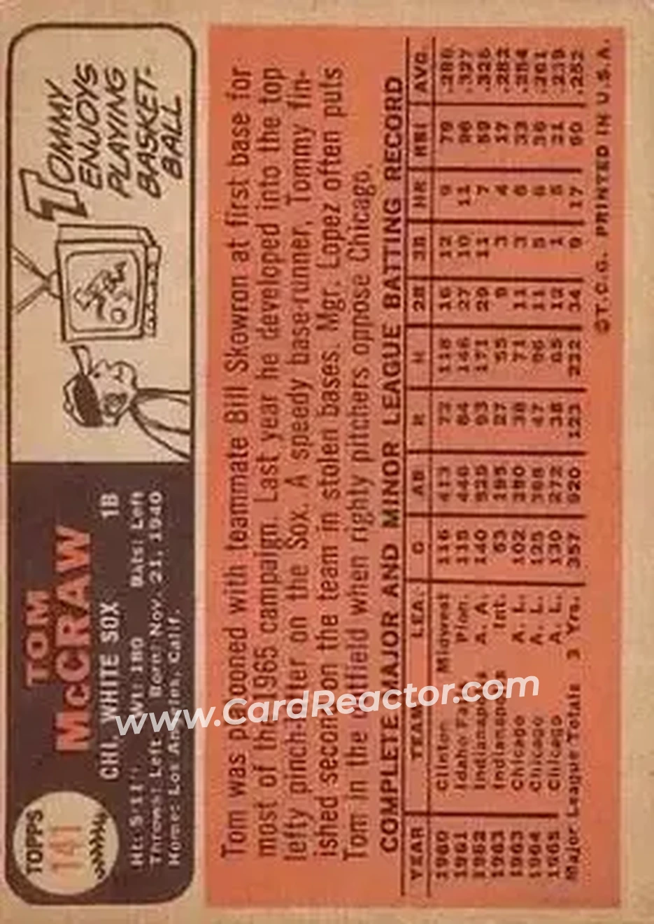 1966 Topps #141 - Tommy McCraw - Chicago White Sox - Back