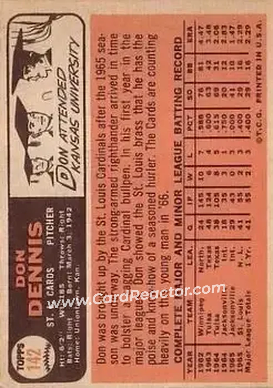 1966 Topps #142 - Don Dennis - St. Louis Cardinals - Back
