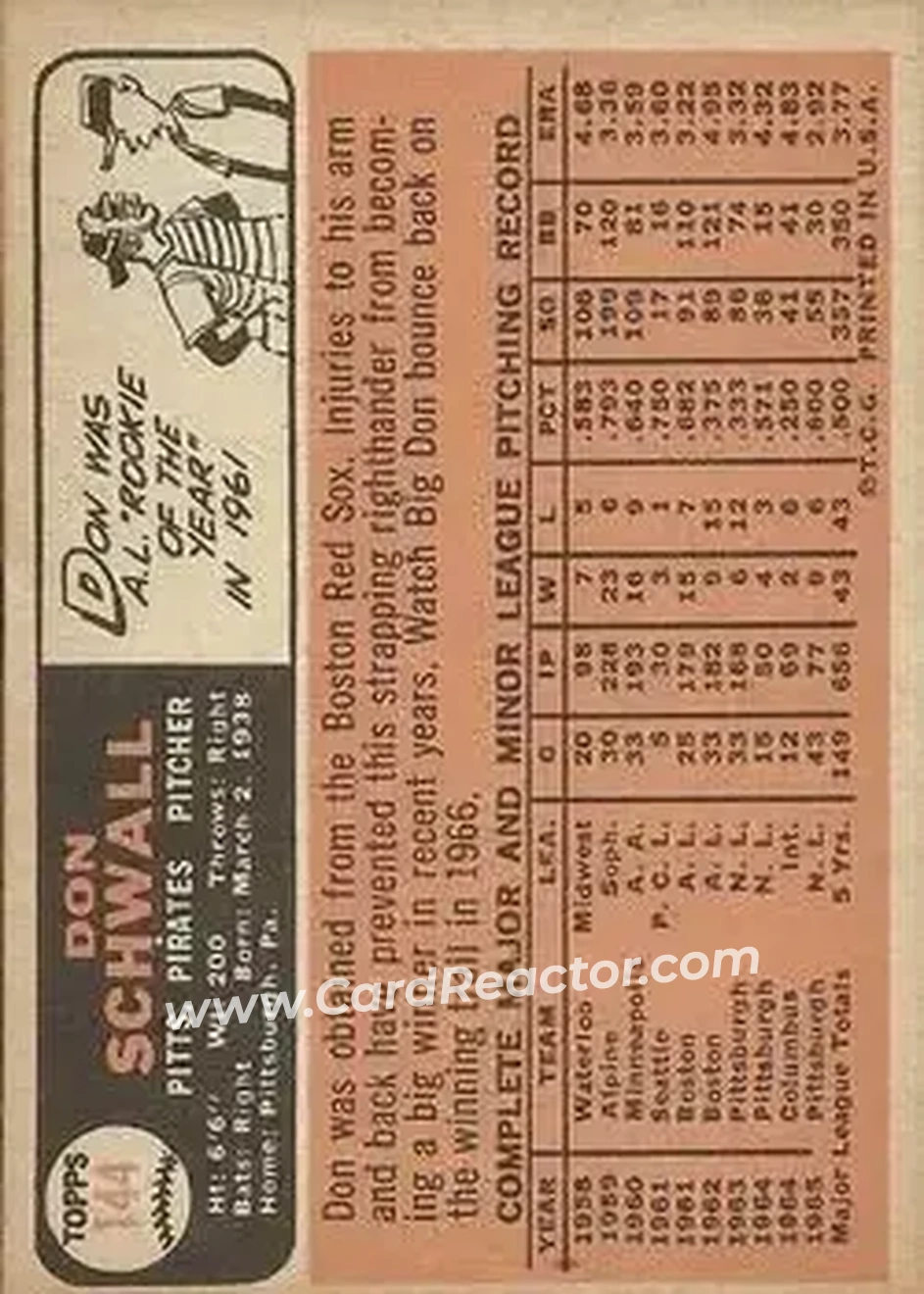 1966 Topps #144 - Don Schwall - Pittsburgh Pirates - Back