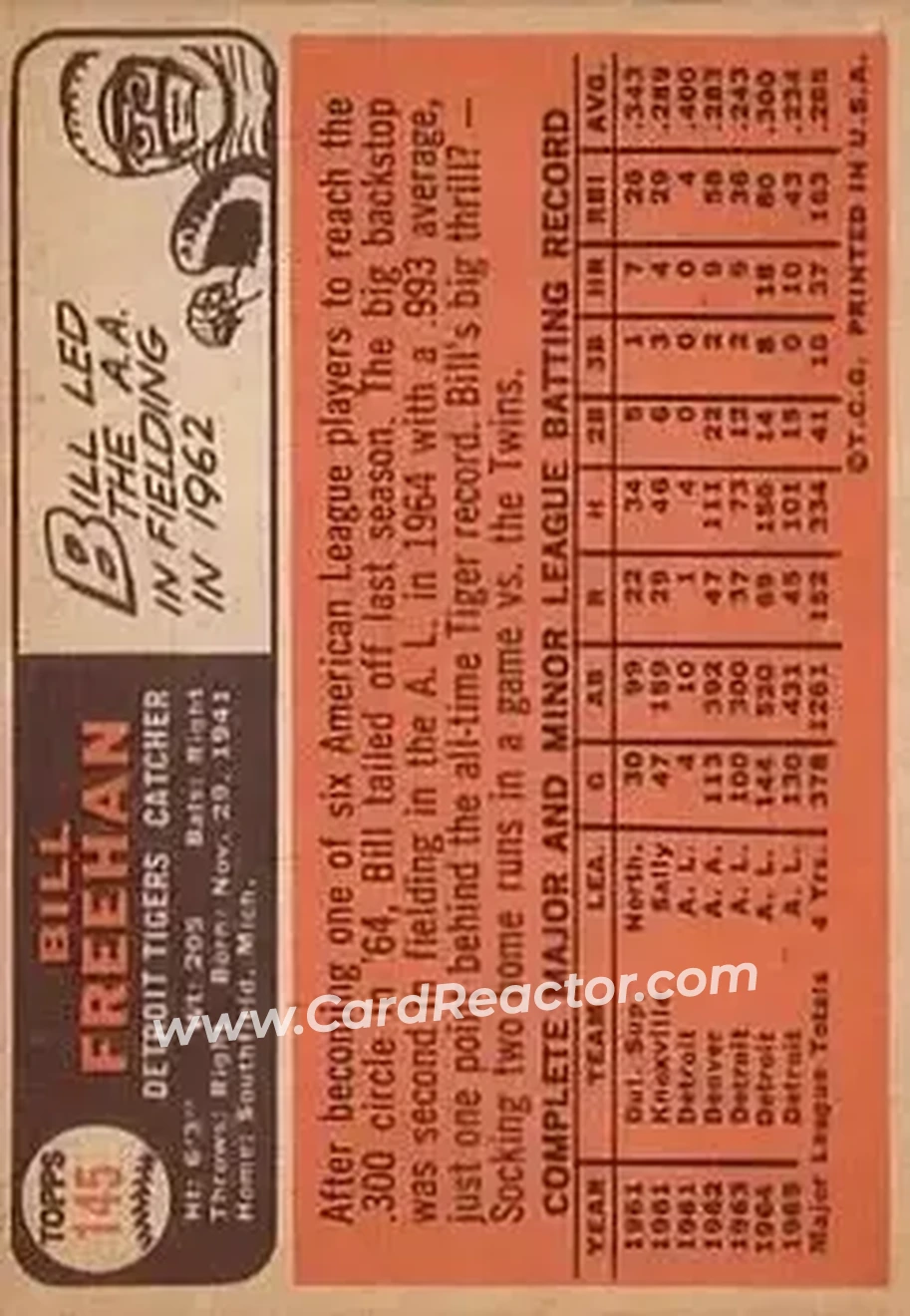 1966 Topps #145 - Bill Freehan - Detroit Tigers - Back 1966 Topps #145 - Bill Freehan - Detroit Tigers - Back