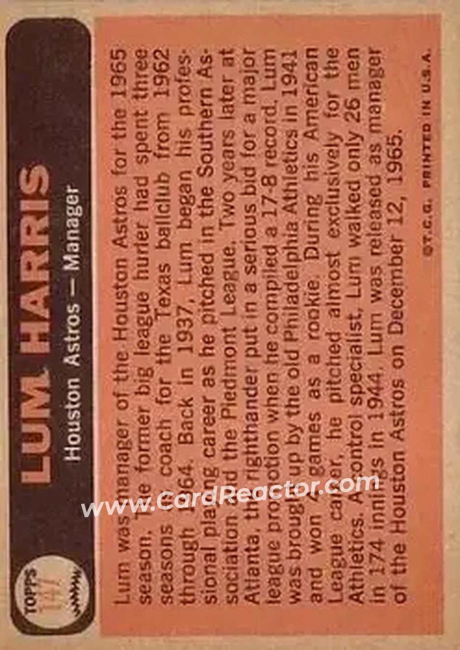 1966 Topps #147 - Lum Harris - Houston Astros - Back