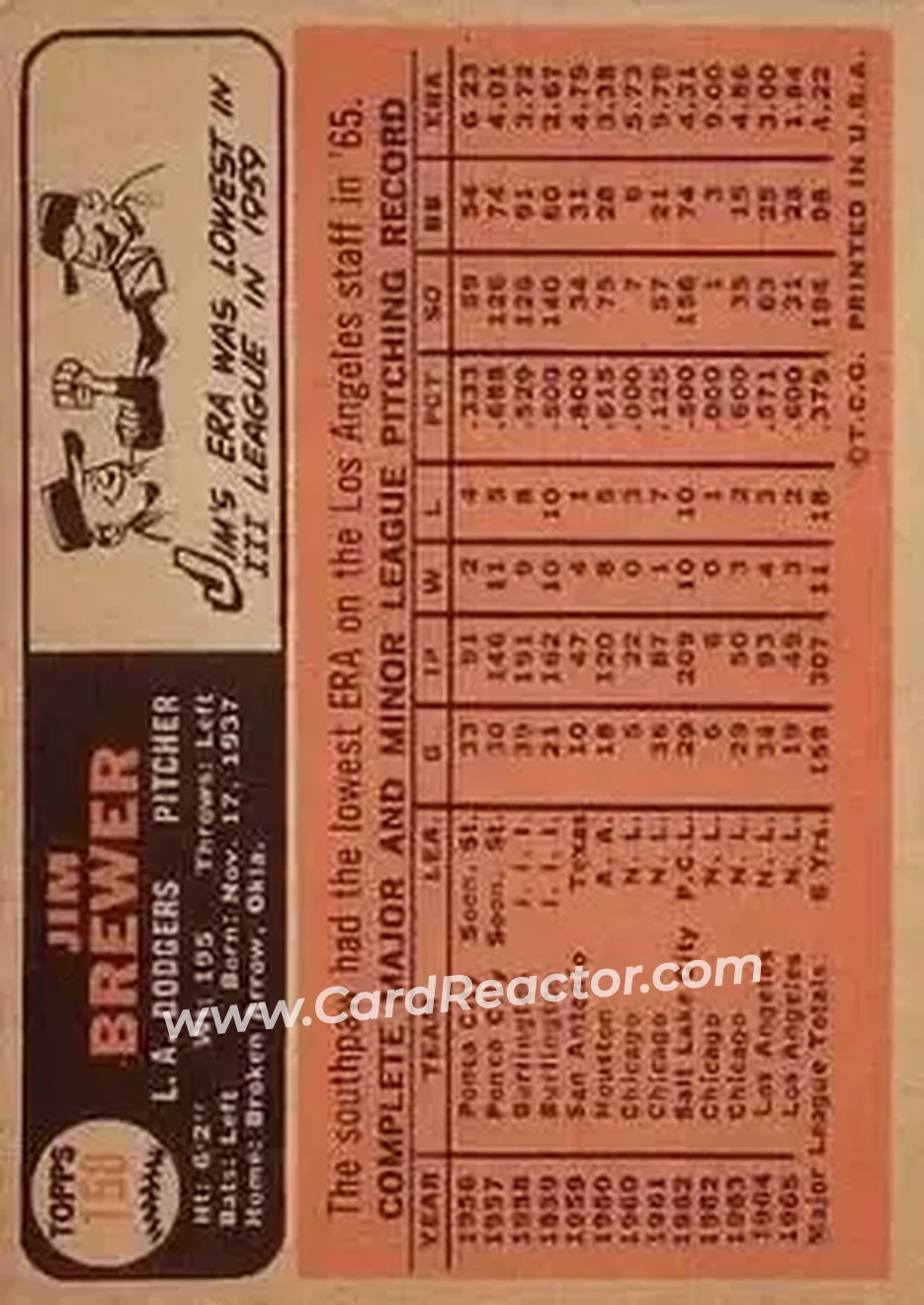 1966 Topps #158 - Jim Brewer - Los Angeles Dodgers - Back 1966 Topps #158 - Jim Brewer - Los Angeles Dodgers - Back