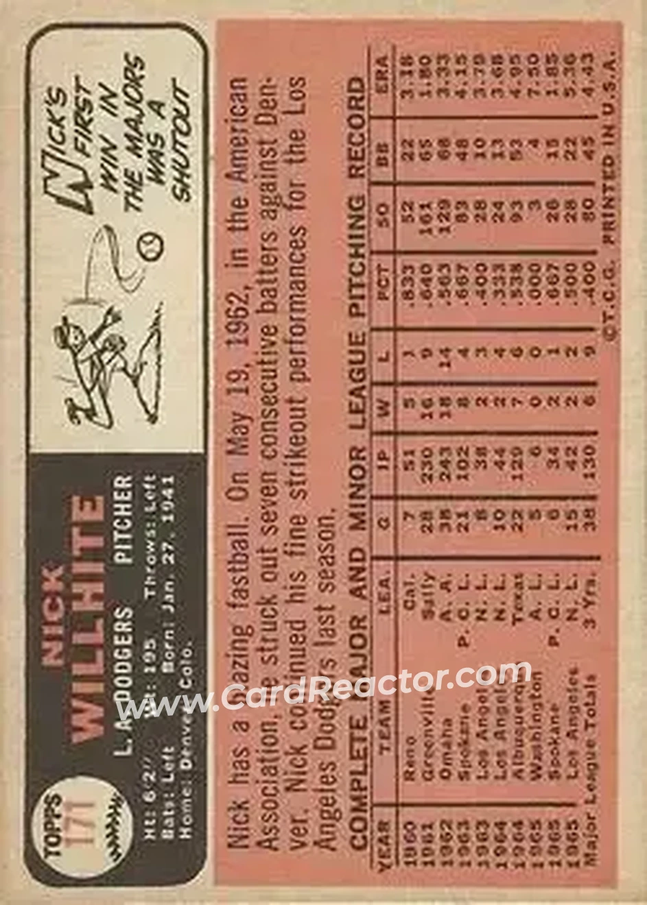 1966 Topps #171 - Nick Willhite - Los Angeles Dodgers - Back