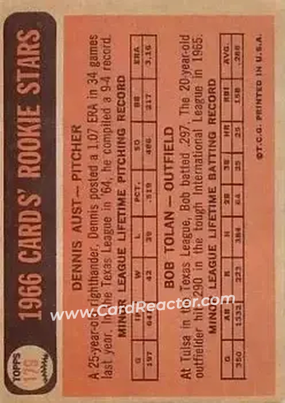 1966 Topps #179 - Card #179 - St. Louis Cardinals - Back 1966 Topps #179 - Card #179 - St. Louis Cardinals - Back