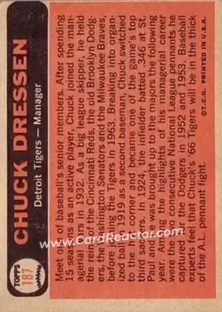 1966 Topps #187 - Chuck Dressen - Detroit Tigers - Back 1966 Topps #187 - Chuck Dressen - Detroit Tigers - Back