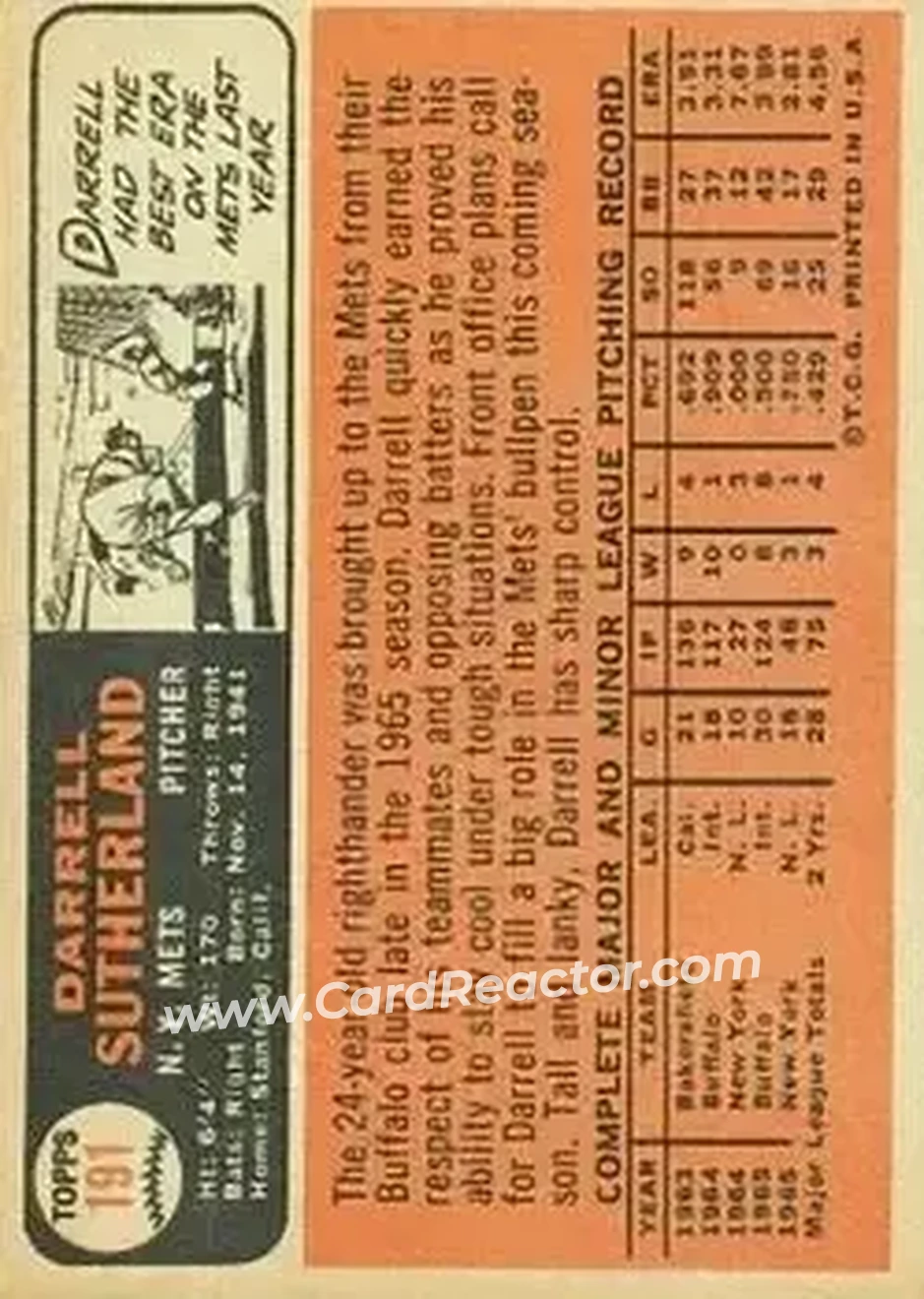 1966 Topps #191 - Darrell Sutherland - New York Mets - Back