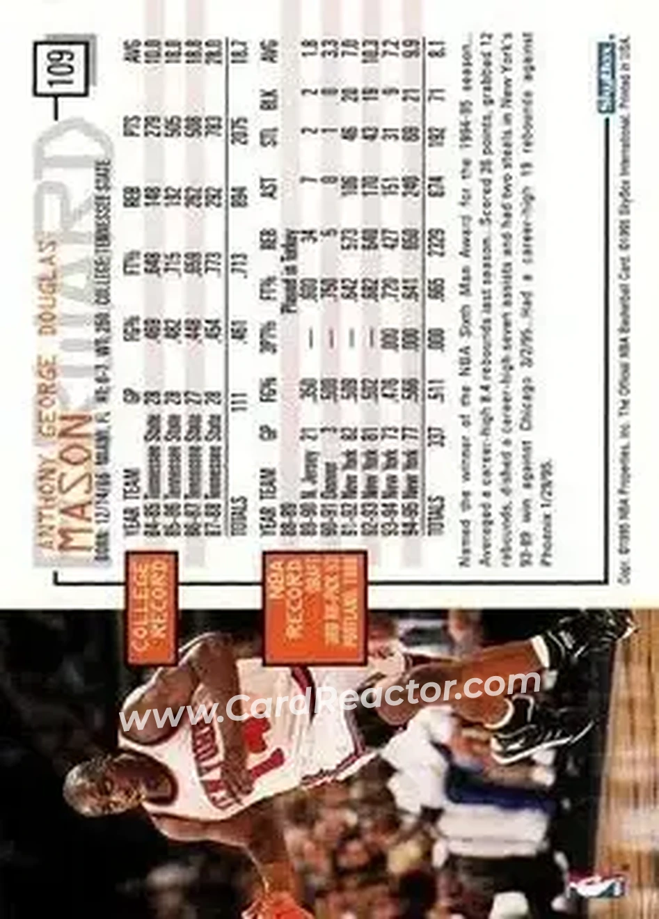 1995-96 Hoops #109 - Anthony Mason - New York Knicks - Back