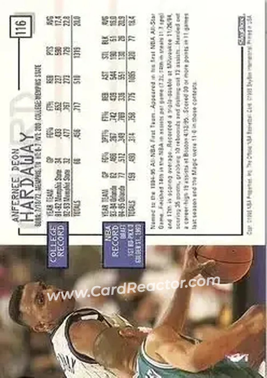 1995-96 Hoops #116 - Anfernee Hardaway - Orlando Magic - Back