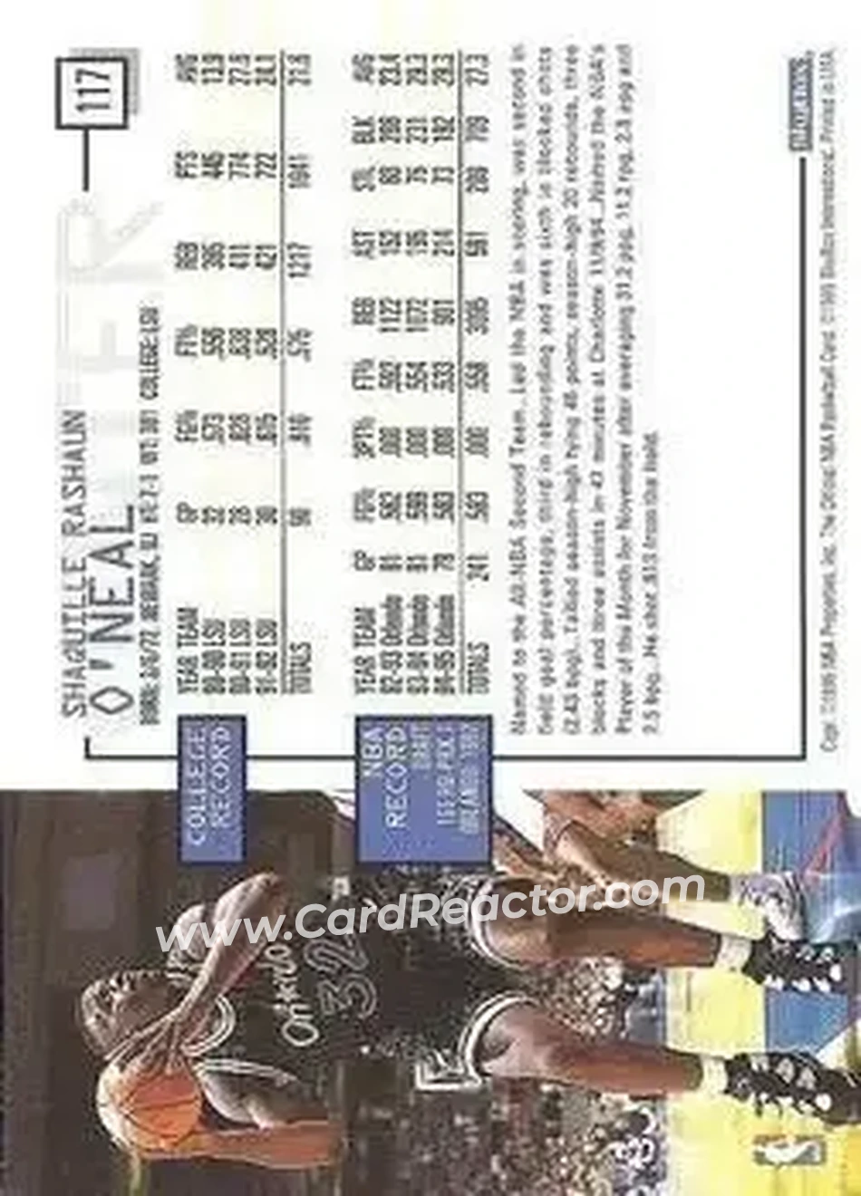 1995-96 Hoops #117 - Shaquille O'Neal - Orlando Magic - Back