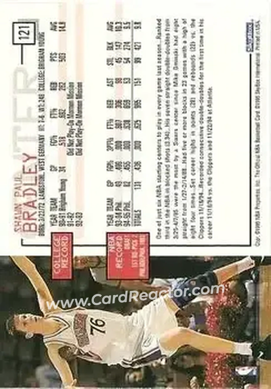 1995-96 Hoops #121 - Shawn Bradley - Philadelphia 76ers - Back
