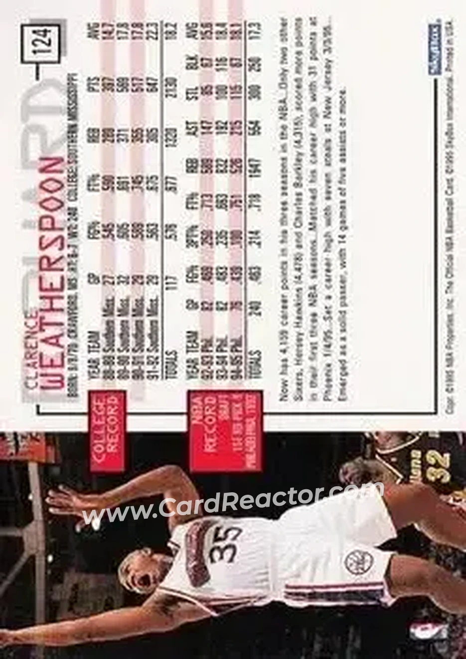1995-96 Hoops #124 - Clarence Weatherspoon - Philadelphia 76ers - Back