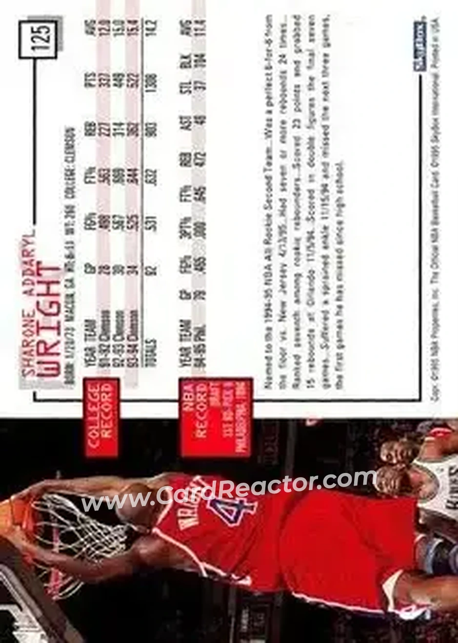 1995-96 Hoops #125 - Sharone Wright - Philadelphia 76ers - Back