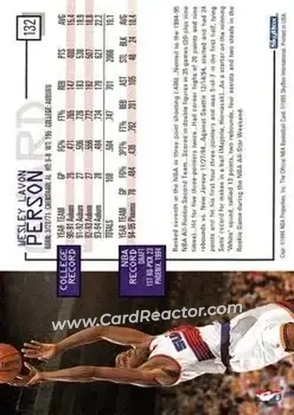 1995-96 Hoops #132 - Wesley Person - Phoenix Suns - Back