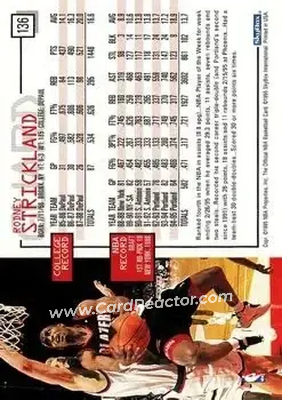 1995-96 Hoops #136 - Rod Strickland - Portland Trail Blazers - Back