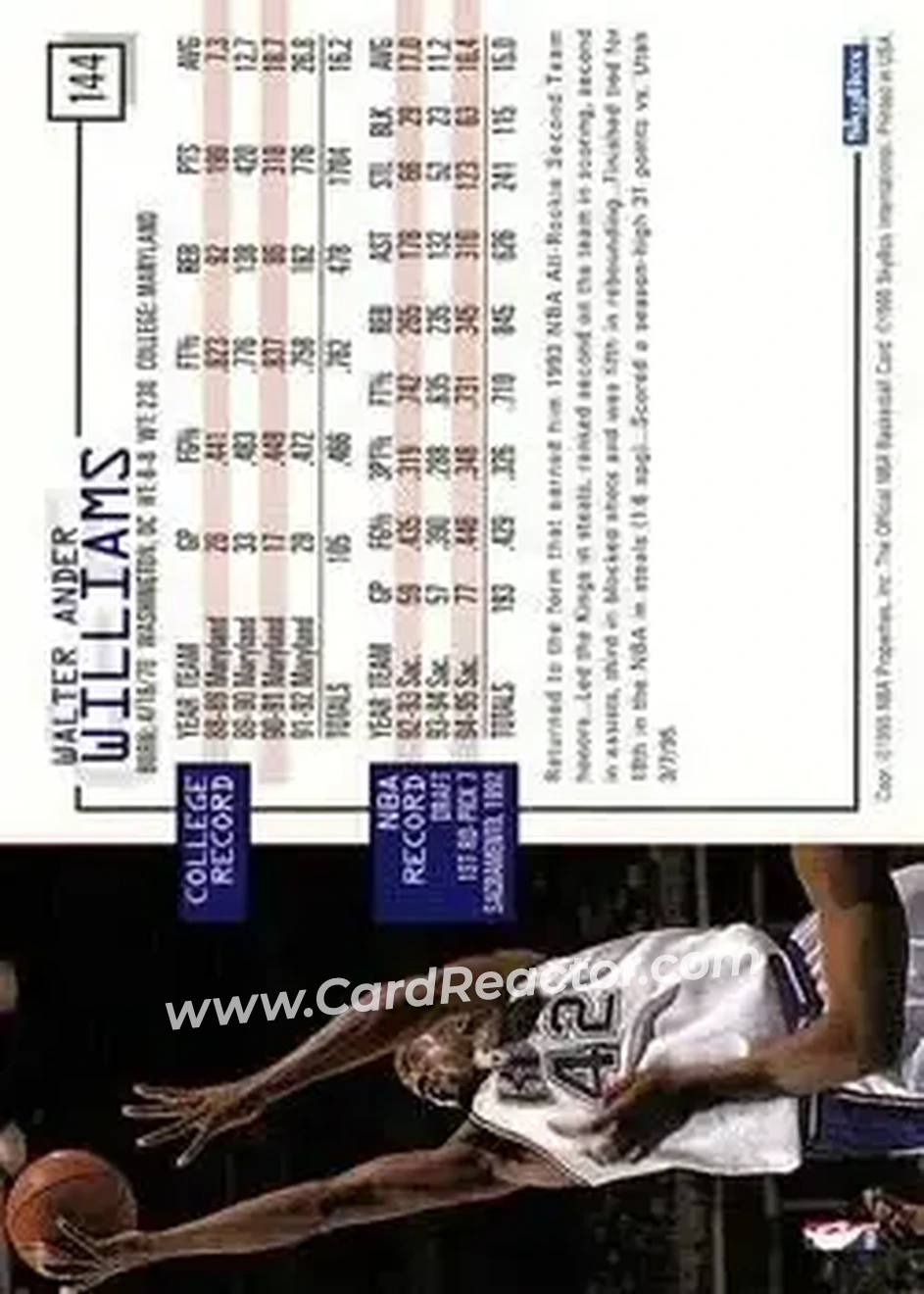 1995-96 Hoops #144 - Walt Williams - Sacramento Kings - Back 1995-96 Hoops #144 - Walt Williams - Sacramento Kings - Back