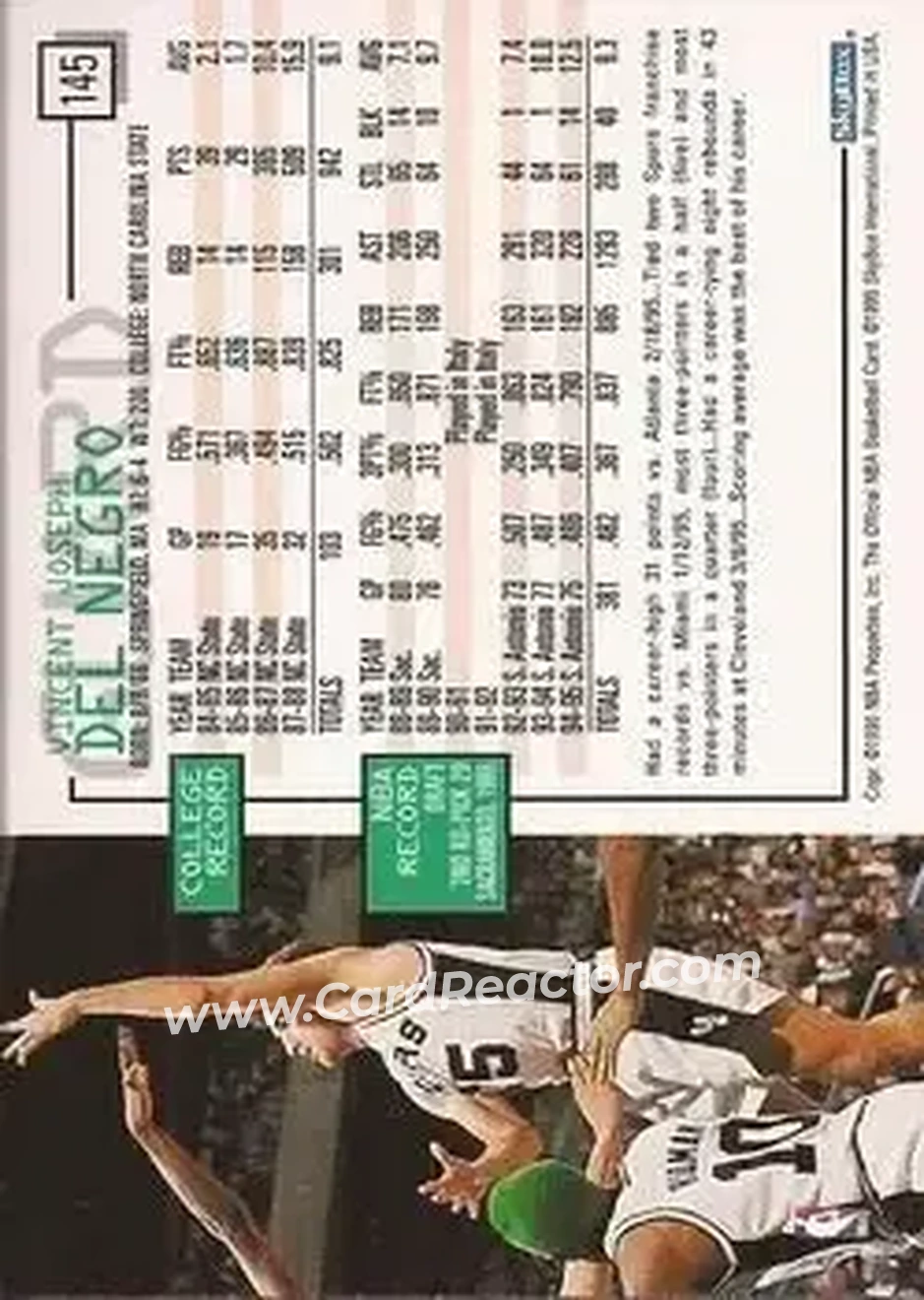 1995-96 Hoops #145 - Vinny Del Negro - San Antonio Spurs - Back