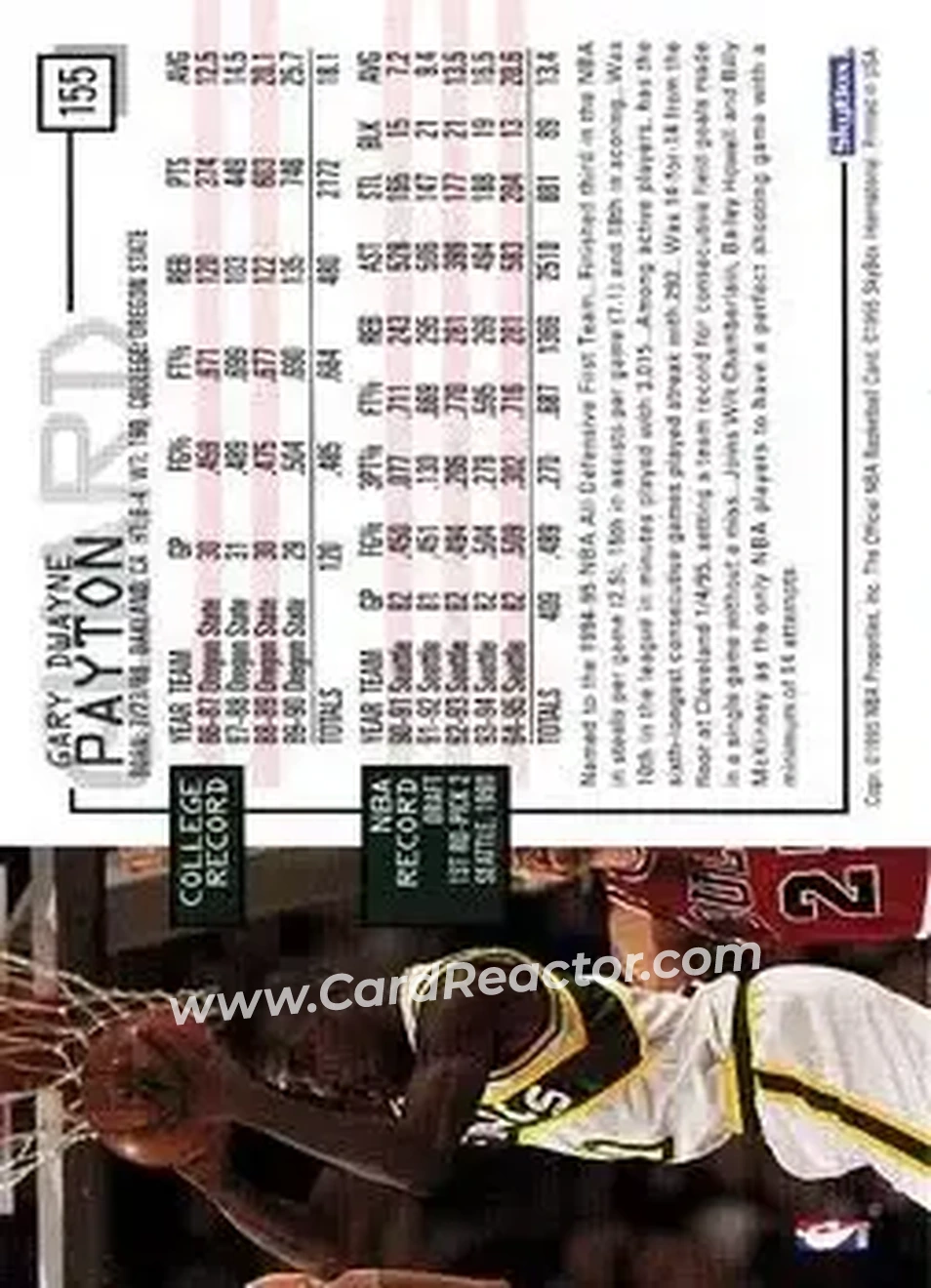 1995-96 Hoops #155 - Gary Payton - Seattle SuperSonics - Back