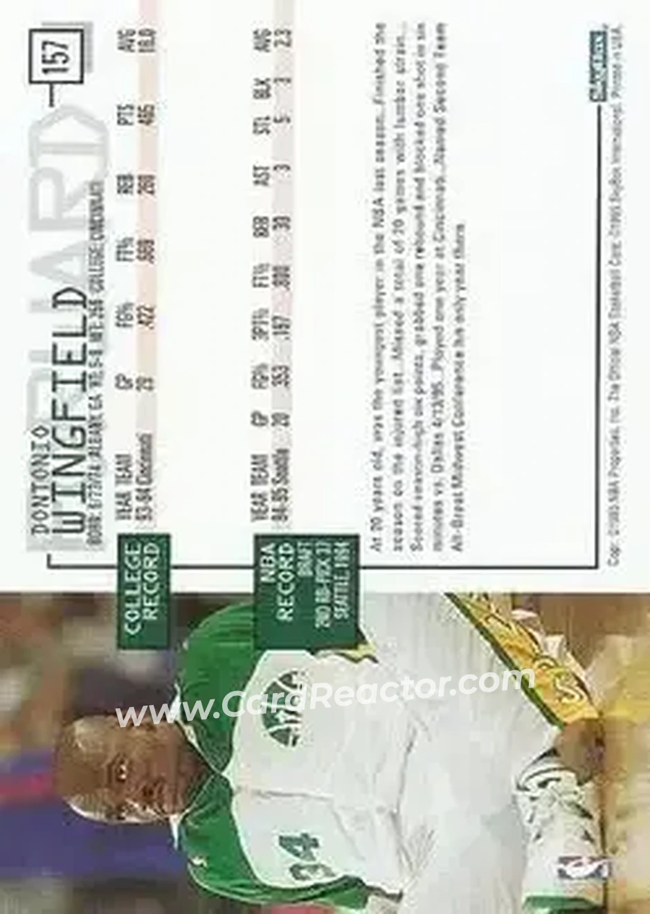 1995-96 Hoops #157 - Dontonio Wingfield - Seattle SuperSonics - Back